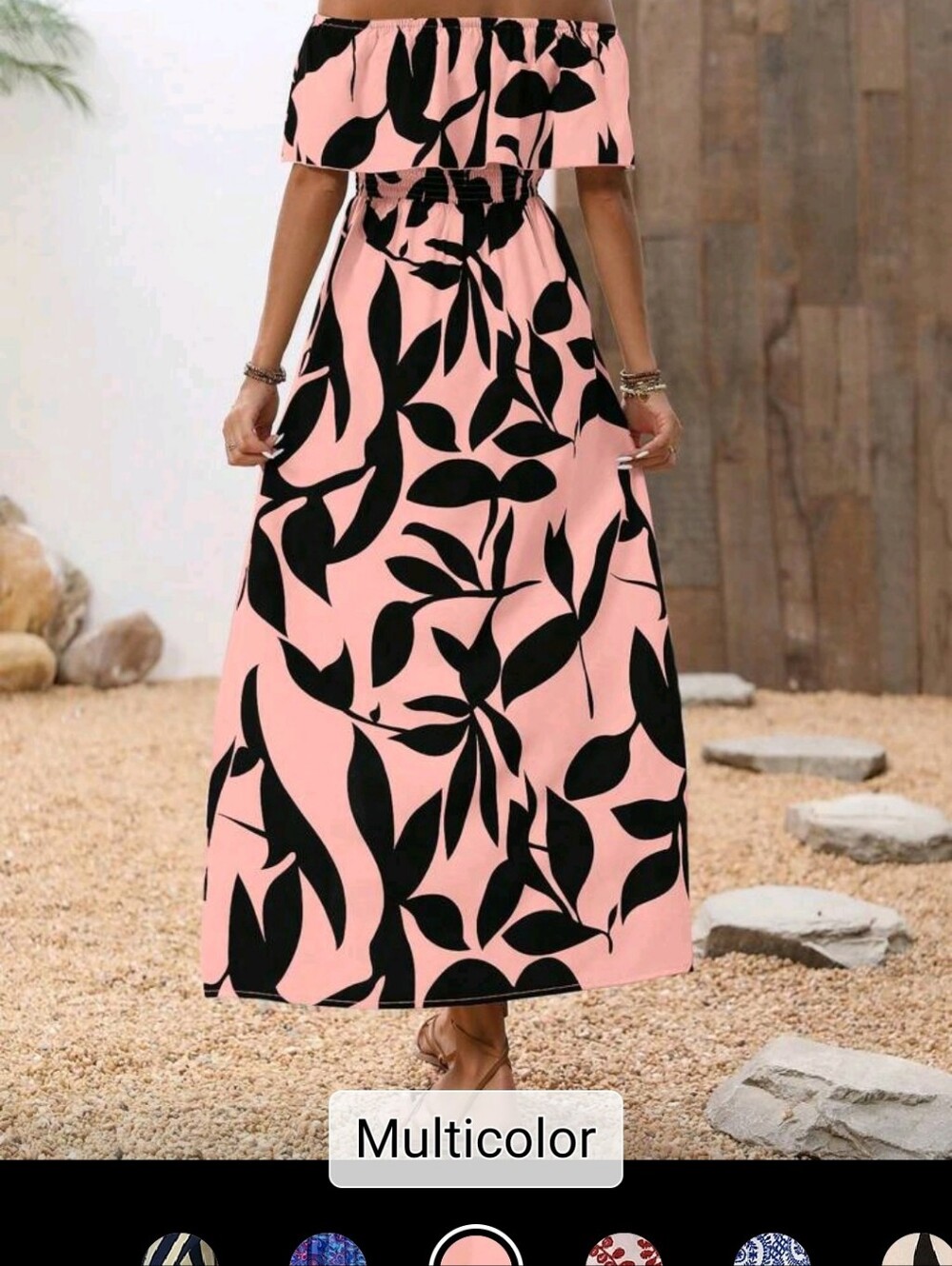 Off-Shoulder Pink Maxi Dress with Black Leaf Print